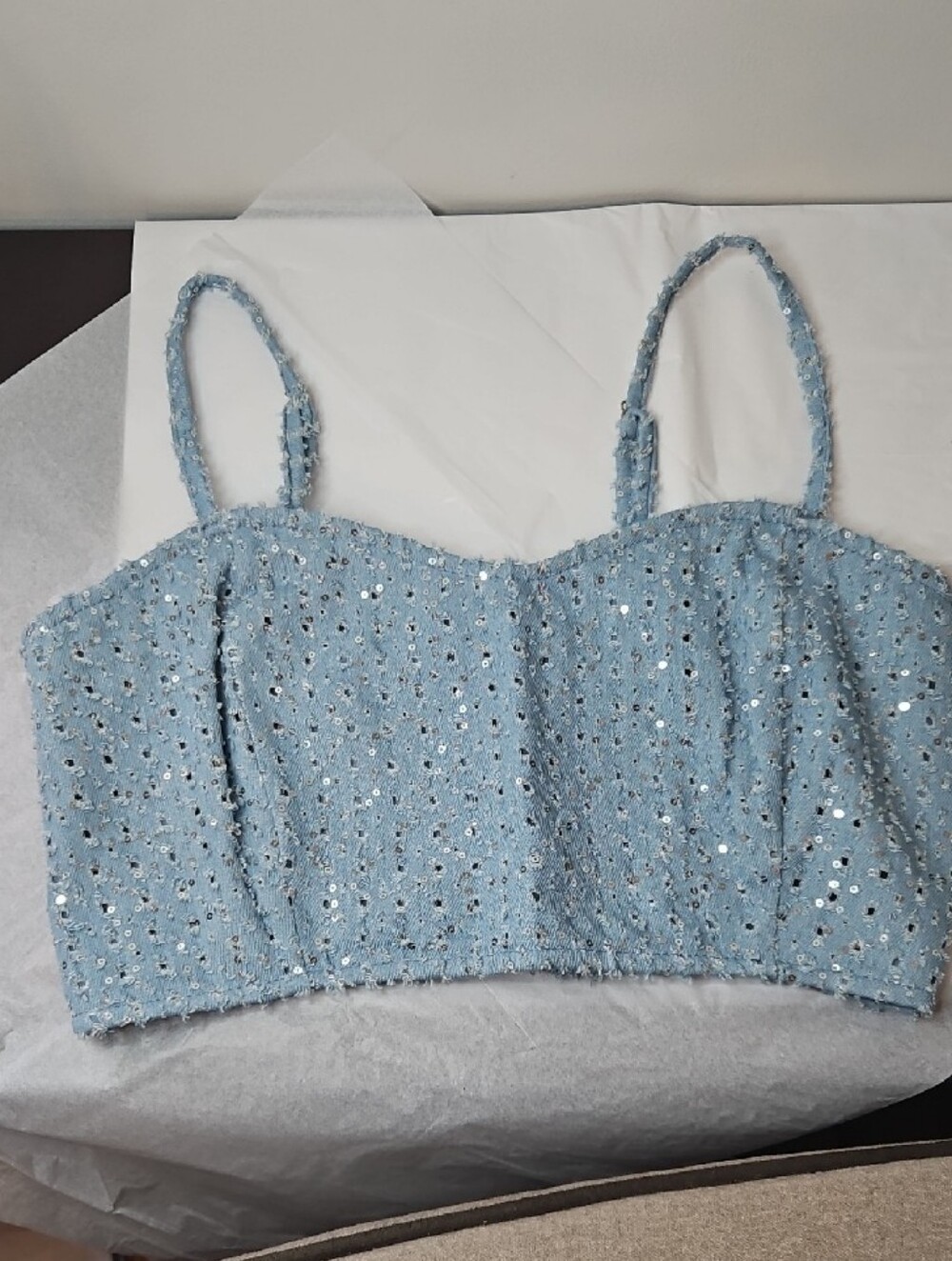 Light Blue Sequin Two-Piece Cropped Top And Skirt